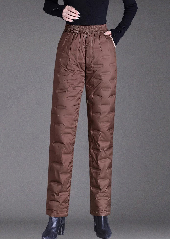 Women Brown Pockets Elastic Waist Duck Down Filled Pants Winter