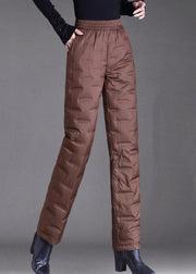 Women Brown Pockets Elastic Waist Duck Down Filled Pants Winter