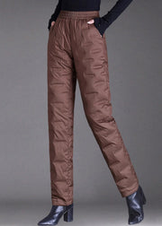 Women Brown Pockets Elastic Waist Duck Down Filled Pants Winter