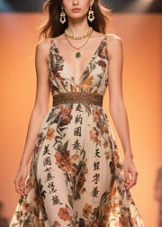 Women Brown Print Draping Chiffon Vestidos Dresses Summer