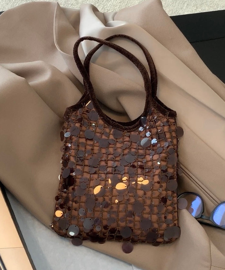 Women Brown Sequins Cotton Tote Handbag