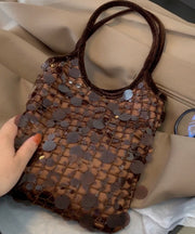 Women Brown Sequins Cotton Tote Handbag