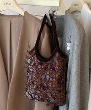 Women Brown Sequins Cotton Tote Handbag
