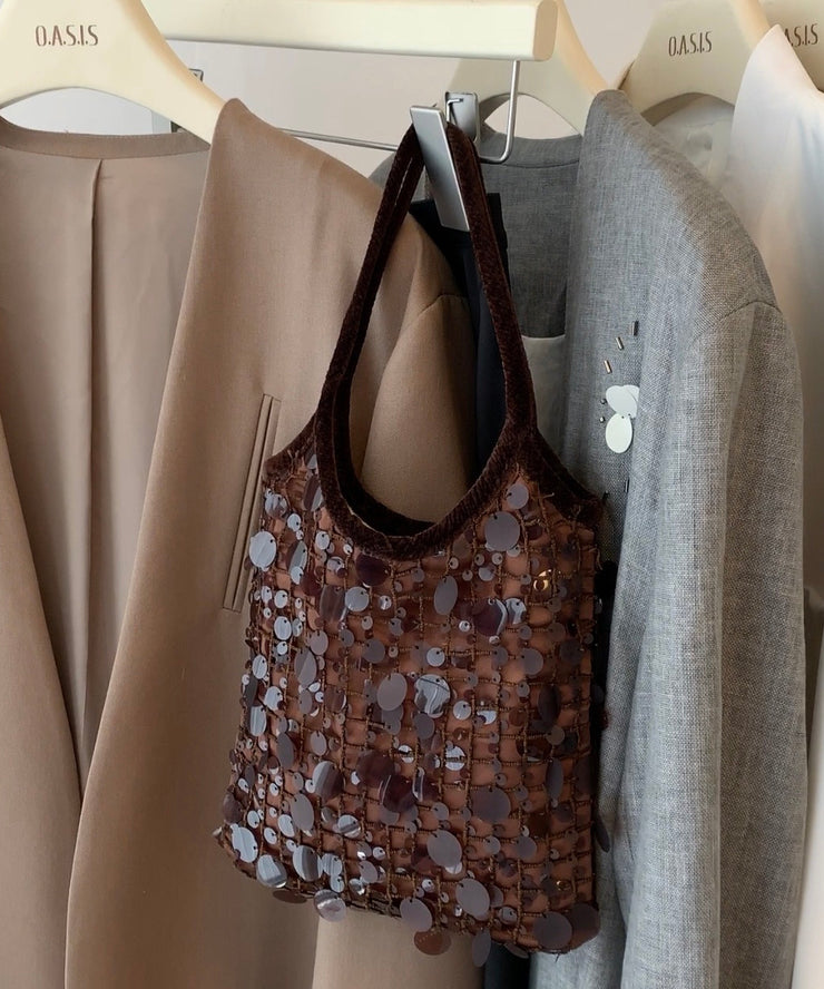 Women Brown Sequins Cotton Tote Handbag