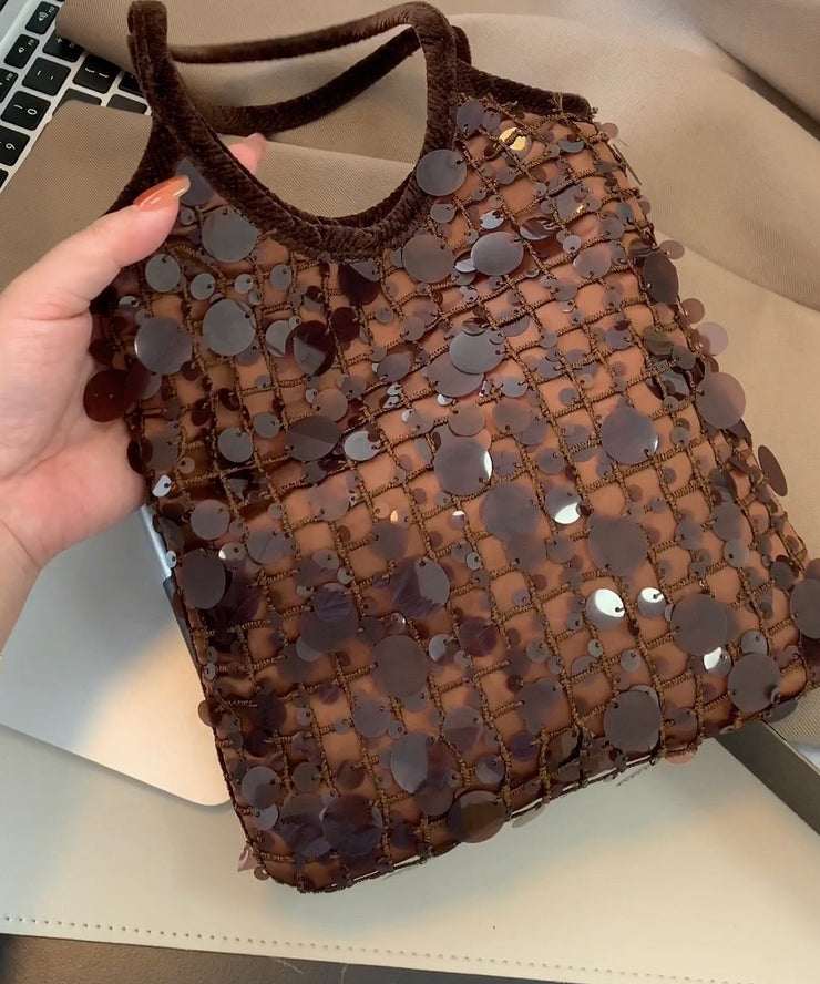 Women Brown Sequins Cotton Tote Handbag