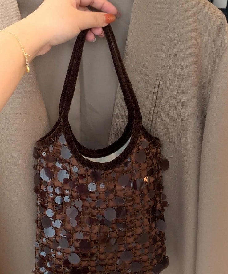 Women Brown Sequins Cotton Tote Handbag