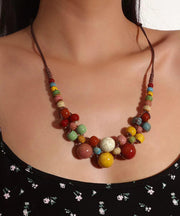 Women Brown Weave Ceramic Beading Gratuated Bead Necklace