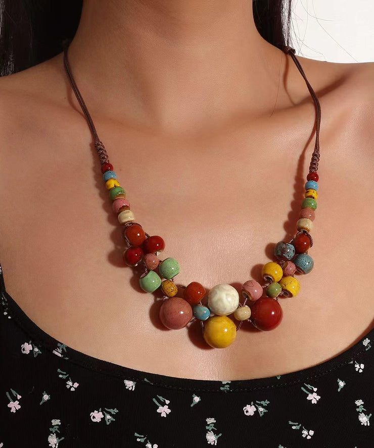 Women Brown Weave Ceramic Beading Gratuated Bead Necklace
