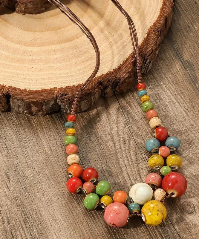 Women Brown Weave Ceramic Beading Gratuated Bead Necklace