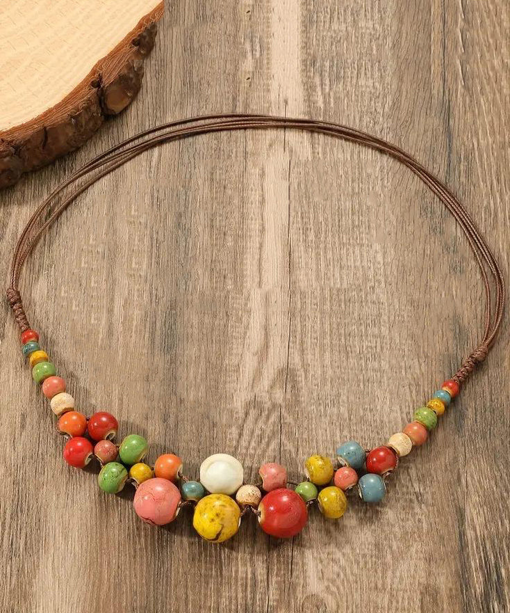 Women Brown Weave Ceramic Beading Gratuated Bead Necklace