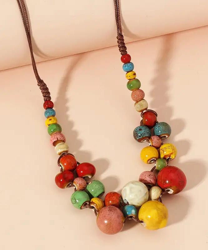 Women Brown Weave Ceramic Beading Gratuated Bead Necklace