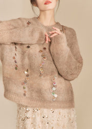 Women Camel O-Neck Sequins Thick Cotton Knit Sweater Spring