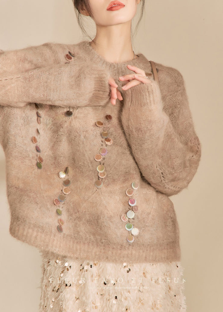 Women Camel O-Neck Sequins Thick Cotton Knit Sweater Spring
