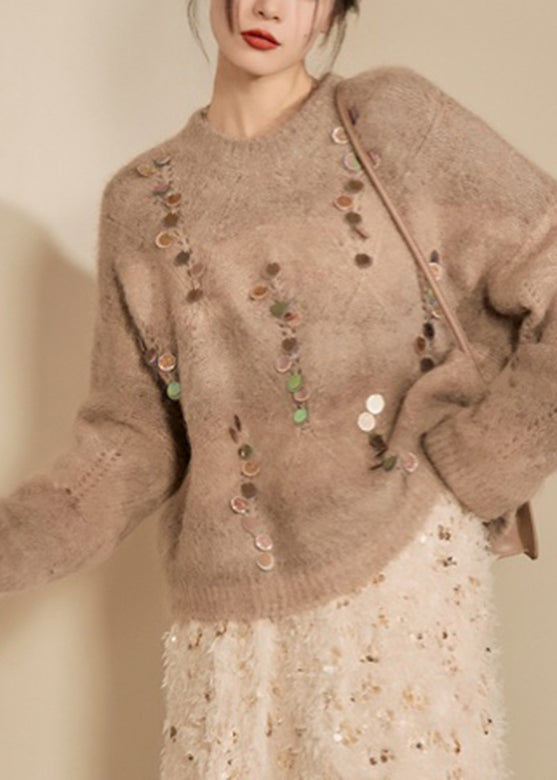 Women Camel O-Neck Sequins Thick Cotton Knit Sweater Spring