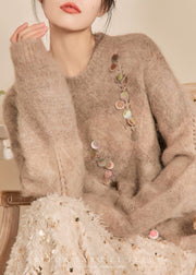 Women Camel O-Neck Sequins Thick Cotton Knit Sweater Spring
