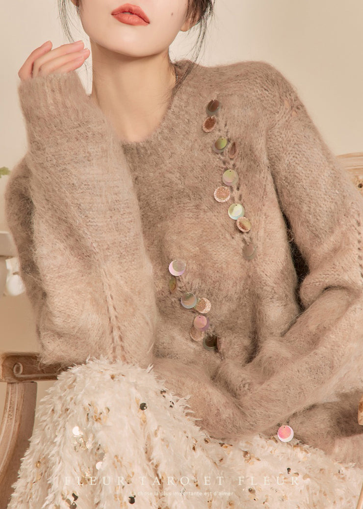 Women Camel O-Neck Sequins Thick Cotton Knit Sweater Spring