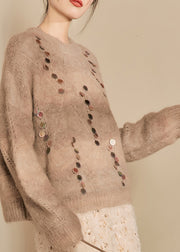 Women Camel O-Neck Sequins Thick Cotton Knit Sweater Spring