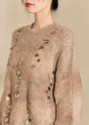 Women Camel O-Neck Sequins Thick Cotton Knit Sweater Spring