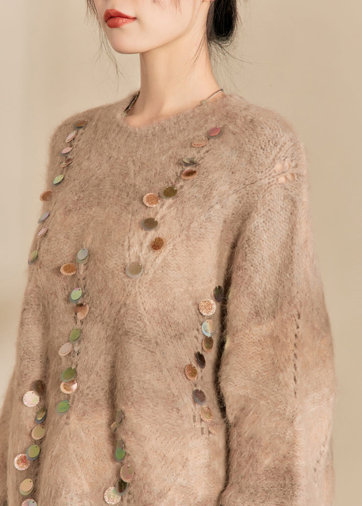 Women Camel O-Neck Sequins Thick Cotton Knit Sweater Spring