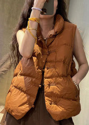 Women Caramel Stand Collar Button Pockets Cotton Filled Waistcoat Sleeveless