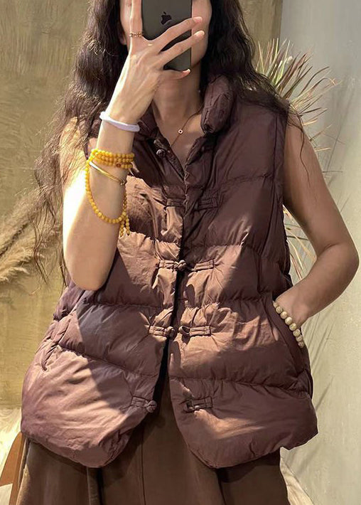 Women Caramel Stand Collar Button Pockets Cotton Filled Waistcoat Sleeveless