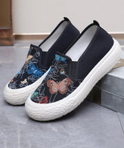 Women Casual Embroidered Flats Black Cotton Fabric