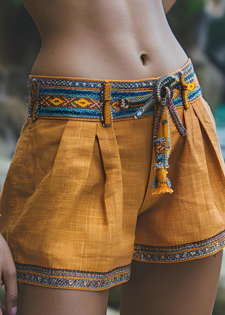 Women Casual Yellow Patchwork Cotton Shorts Summer