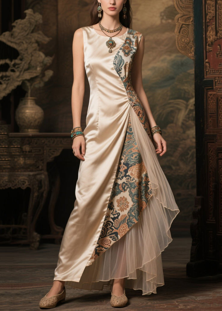 Women Champagne Asymmetrical Patchwork Jacquard Silk Dress Sleeveless