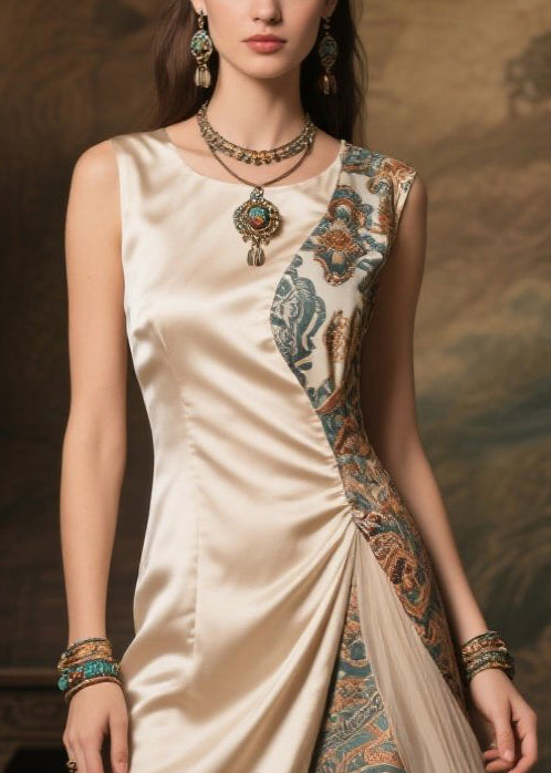 Women Champagne Asymmetrical Patchwork Jacquard Silk Dress Sleeveless