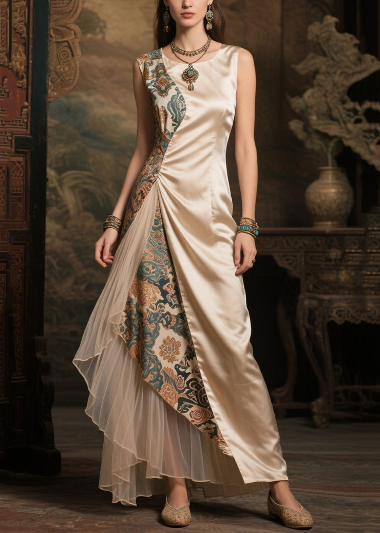 Women Champagne Asymmetrical Patchwork Jacquard Silk Dress Sleeveless