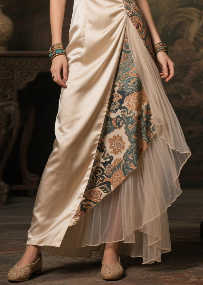 Women Champagne Asymmetrical Patchwork Jacquard Silk Dress Sleeveless