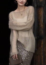 Women Champagne Color O Neck Sequins Thin Knit Top Fall