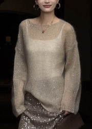 Women Champagne Color O Neck Sequins Thin Knit Top Fall