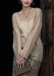 Women Champagne Color O Neck Sequins Thin Knit Top Fall