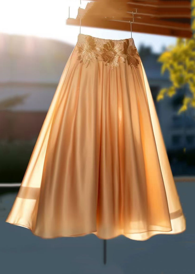 Women Champagne Gold Embroidered High Waist Cotton Skirts Summer