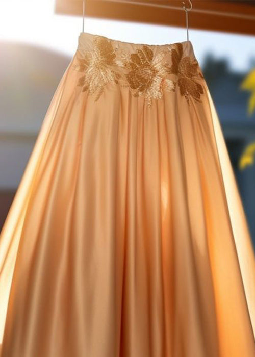 Women Champagne Gold Embroidered High Waist Cotton Skirts Summer
