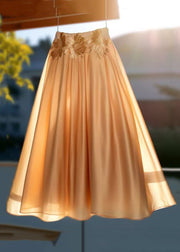 Women Champagne Gold Embroidered High Waist Cotton Skirts Summer