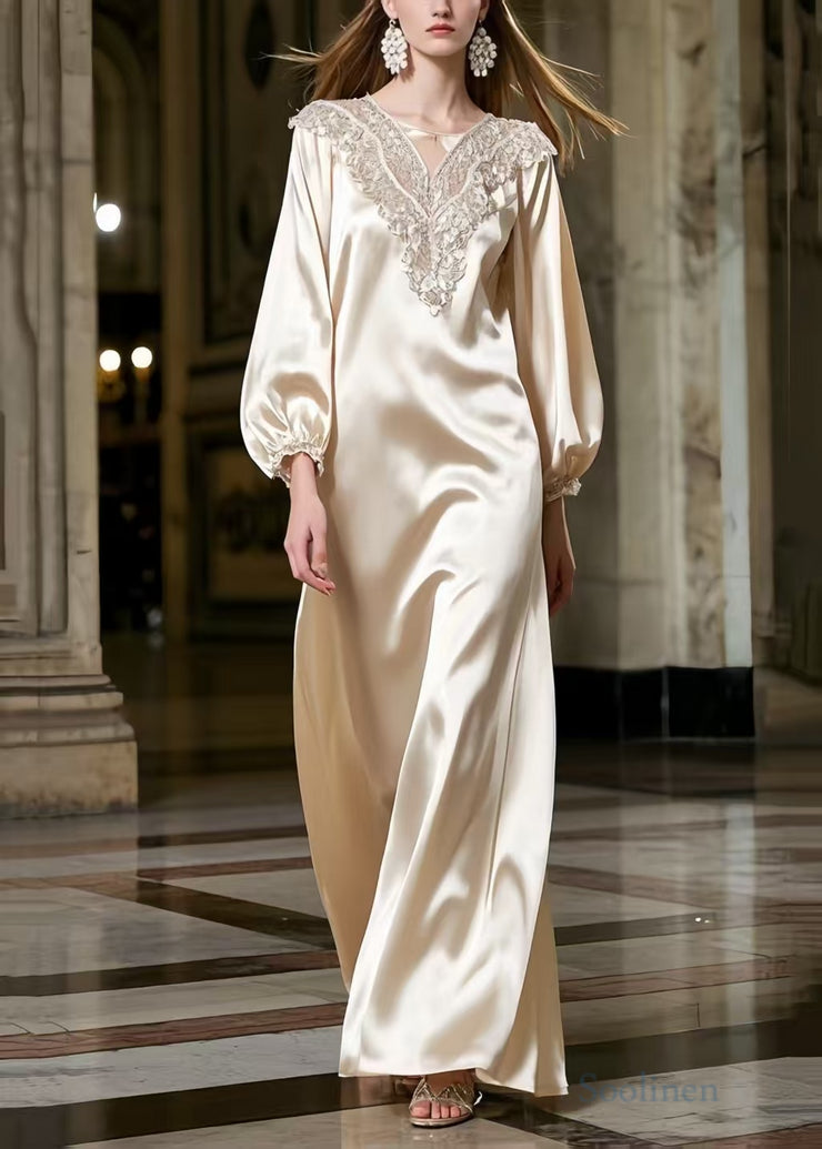 Women Champagne Lace Neck Draping Silk Robe Dresses Spring