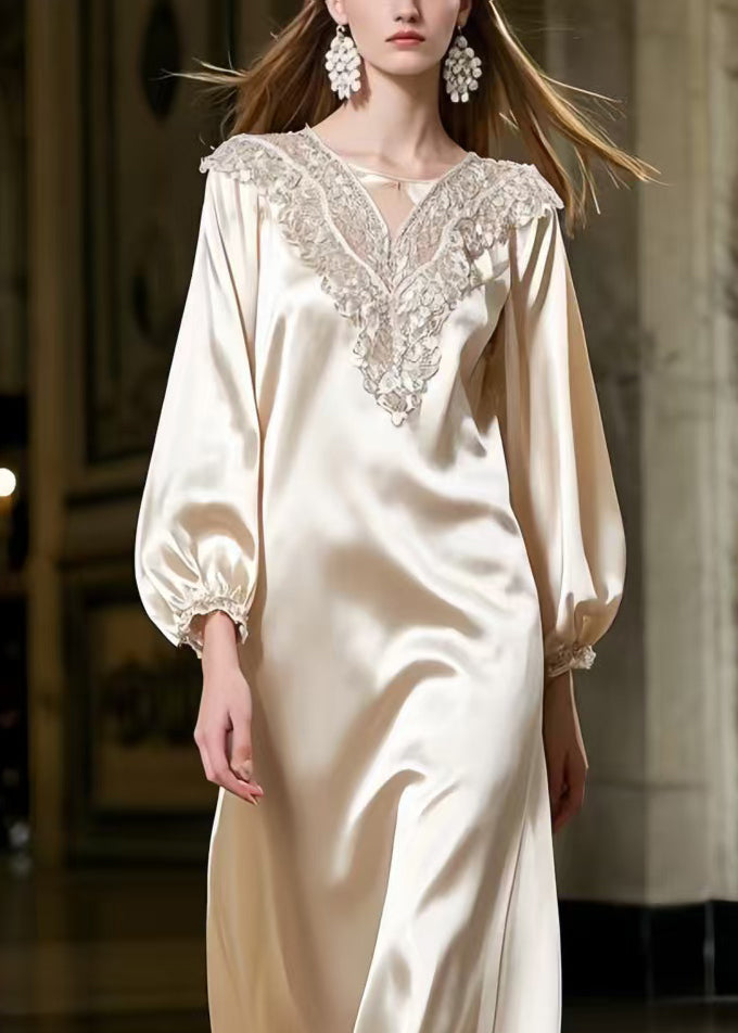 Women Champagne Lace Neck Draping Silk Robe Dresses Spring