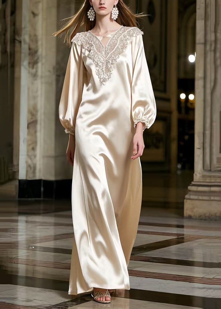 Women Champagne Lace Neck Draping Silk Robe Dresses Spring