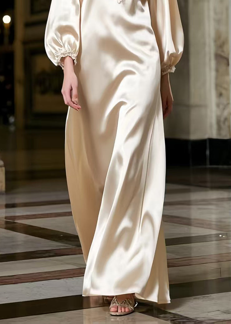 Women Champagne Lace Neck Draping Silk Robe Dresses Spring