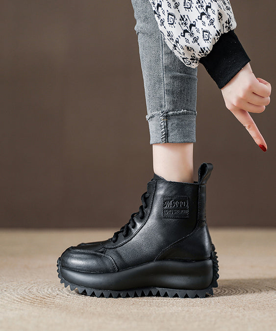 Women Chocolate Cowhide Leather Lace Up Splicing Boots