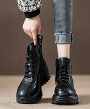 Women Chocolate Cowhide Leather Lace Up Splicing Boots