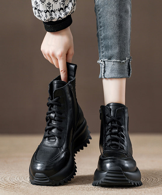 Women Chocolate Cowhide Leather Lace Up Splicing Boots