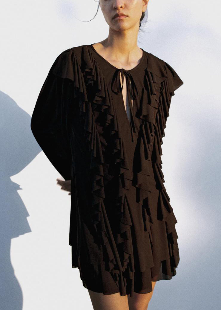 Women Chocolate Ruffled Lace Up Cotton Mini Dress Butterfly Sleeve