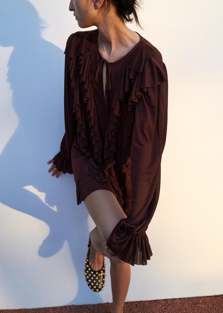 Women Chocolate Ruffled Lace Up Cotton Mini Dress Butterfly Sleeve