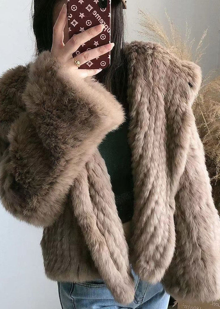 Women Chocolate Hooded Solid Color Rabbit Hair Knit Jacket Winter