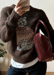 Women Coffee O Neck Cats Jacquard Knit Sweater Winter