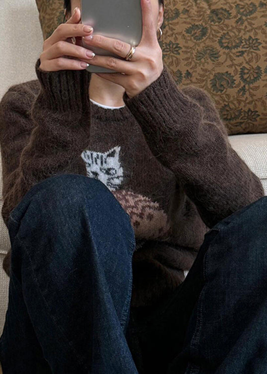 Women Coffee O Neck Cats Jacquard Knit Sweater Winter