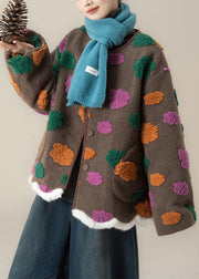 Women Coffee O Neck Pockets Floral Woolen Coats Winter